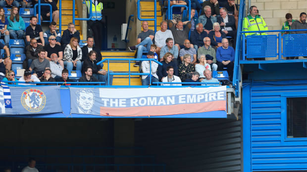 A banner in the form of a Russian flag, paying tribute to Chelsea owner Roman Abramovich, is pictured at Stamford Bridge in April 2022