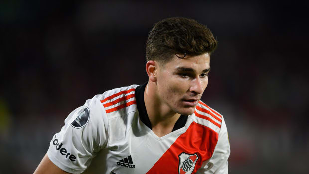 Manchester City loanee Julian Alvarez pictured in action for River Plate in May 2022