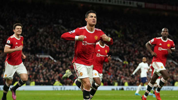Cristiano Ronaldo pictured after completing his hat-trick in Manchester United's 3-2 win over Spurs in March 2022