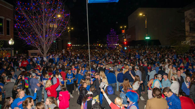 Apr 4, 2022; Lawrence, Kansas, USA; Kansas Jayhawks fans flooded the streets of downtown Lawrence to celebrate a win against the North Carolina Tar Heels in the the 2022 NCAA men's basketball tournament Final Four championship game. Mandatory Credit: Scott Sewell-USA TODAY Sports