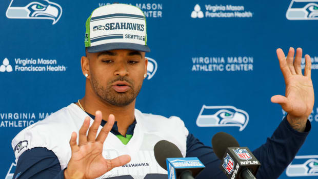 Jun 7, 2022; Renton, Washington, USA; Seattle Seahawks strong safety Jamal Adams (33) talks about past finger injuries during a press conference following a minicamp practice at the Virginia Mason Athletic Center Field.