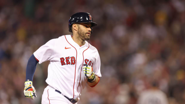 Jul 10, 2022; Boston, Massachusetts, USA; Boston Red Sox designated hitter JD Martinez (28) rounds the bases after hitting a home run during the fifth inning against the New York Yankees at Fenway Park. Mandatory Credit: Paul Rutherford-USA TODAY Sports