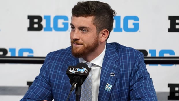 Penn State Nittany Lions quarterback Sean Clifford talks to the media during Big 10 football media days at Lucas Oil Stadium.