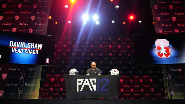 Stanford Cardinal coach David Shaw speaks during Pac-12 Media Day at Novo Theater.
