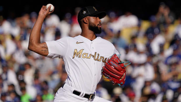 National League pitcher Sandy Alcantara, of the Miami Marlins, throws a pitch to the American League during the second inning of the MLB All-Star baseball game, Tuesday, July 19, 2022, in Los Angeles.
