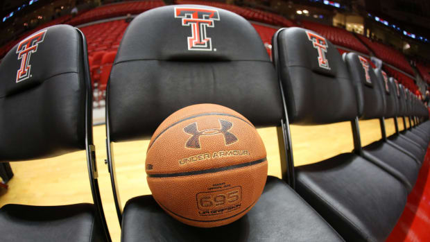A basketball on a seat at Texas Tech’s basketball arena.