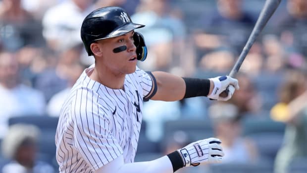 New York Yankees designated hitter Aaron Judge (99) follows through on a two run home run against the Kansas City Royals on Saturday, July 30, 2022.