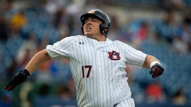 Auburn Tiger s Sonny Dichiara (17) celebrates his home run during the SEC baseball tournament at Hoover Metropolitan Stadium in Hoover, Ala., on Wednesday, May 25, 2022. Kentucky Wildcats defeated Auburn Tigers 3-1.