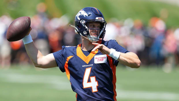 Denver Broncos quarterback Brett Rypien (4) following training camp at the UCHealth Training Center.