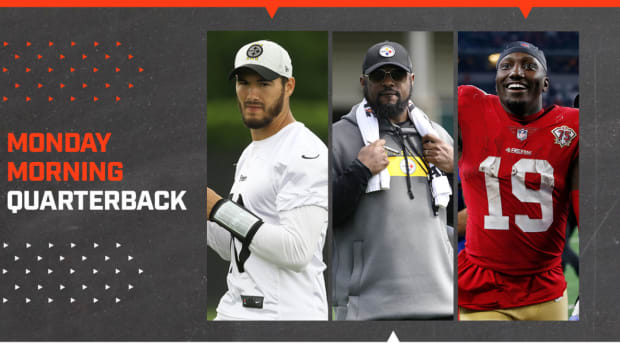 A graphic with separate photos of Mitch Trubisky, Mike Tomlin and Deebo Samuel