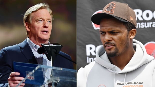 Separate photos of Roger Goodell at a podium during the draft and Deshaun Watson at a press conference