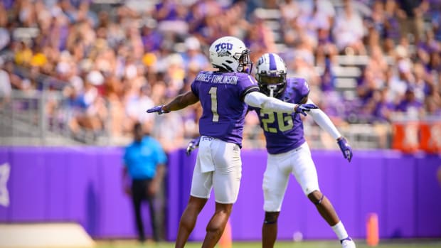 Sep 11, 2021; Fort Worth, Texas, USA; TCU Horned Frogs cornerback Tre'Vius Hodges-Tomlinson (1) and safety Bud Clark (26) in action during the game between the TCU Horned Frogs and the California Golden Bears at Amon G. Carter Stadium.
