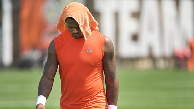 Browns quarterback Deshaun Watson (4) walks off the field during training camp at CrossCountry Mortgage Campus.