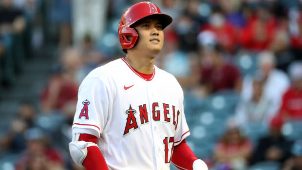 Angels designated hitter Shohei Ohtani (17) looks up after grounding out in the first inning of a game against the Rangers.