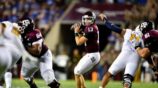 Sep 4, 2021; College Station, Texas, USA; Texas A&M Aggies quarterback Haynes King (13) during the fourth quarter against the Kent State Golden Flashes at Kyle Field. Mandatory Credit: Maria Lysaker-USA TODAY Sports