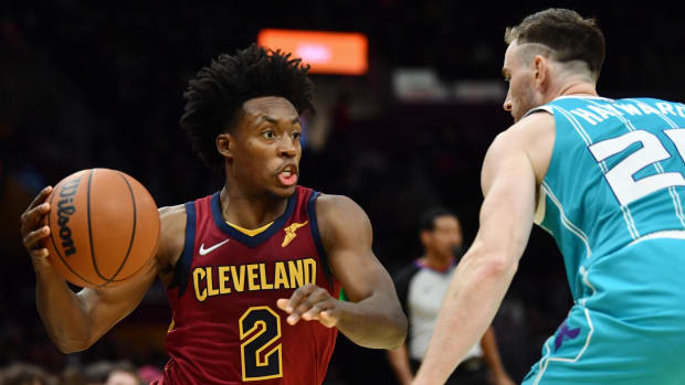 Cleveland Cavaliers guard Collin Sexton (2) drives to the basket against Charlotte Hornets forward Gordon Hayward (20) during the second half at Rocket Mortgage FieldHouse.