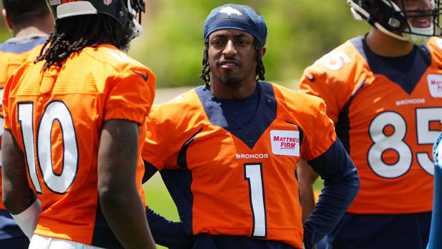 Broncos wide receiver KJ Hamler (1) during OTA workouts at the UC Health Training Center.