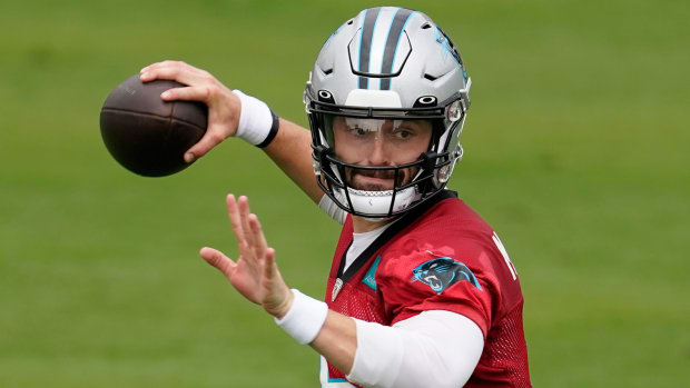 Panthers quarterback Baker Mayfield prepares to throw a pass during training camp practice.