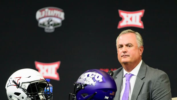 Jul 14, 2022; Arlington, TX, USA; TCU Horned Frogs head coach Sonny Dykes is interviewed during the Big 12 Media Day at AT&T Stadium.