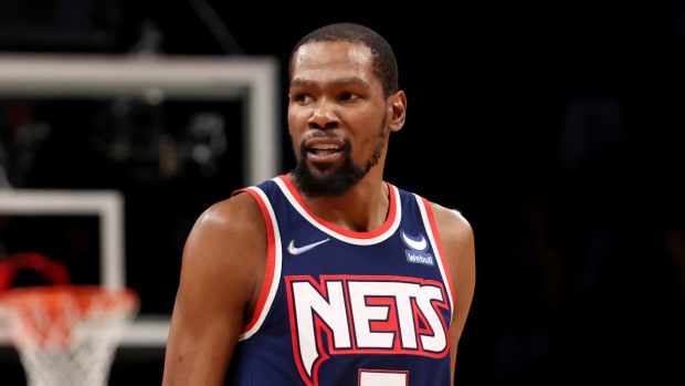 Brooklyn Nets forward Kevin Durant (7) reacts during the 2022 NBA playoffs.