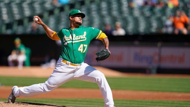 Oakland Athletics’ Frankie Montas pitches against the Detroit Tigers during the first inning of the second baseball game of a doubleheader in Oakland, Calif., Thursday, July 21, 2022.