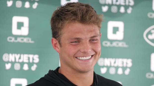 Quarterback, Zach Wilson addresses the media during the opening day of the 2022 New York Jets Training Camp.