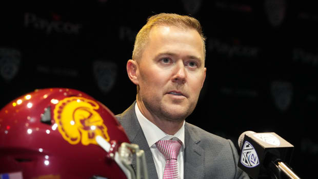 Jul 29, 2022; Los Angeles, CA, USA; Southern California Trojans coach Lincoln Riley speaks during Pac-12 Media Day at Novo Theater.