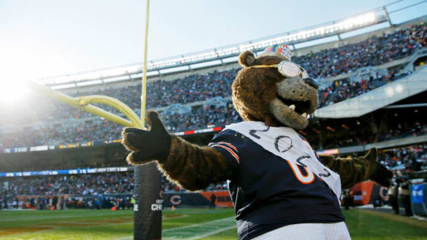 Staley Da Bear poses behind the end zone at the Chicago Bears game at Soldier Field.