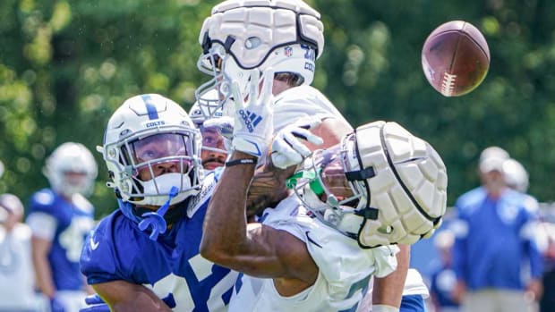 Indianapolis Colts from left, Julian Blackmon (32), Alexander Myres (41),Forrest Rhyne (49), and Nyheim Hines (21) collide during a passing drill at Colts Camp on Wednesday, Aug. 3, 2022, at Grand Park Sports Campus in Westfield Ind. Finals 26