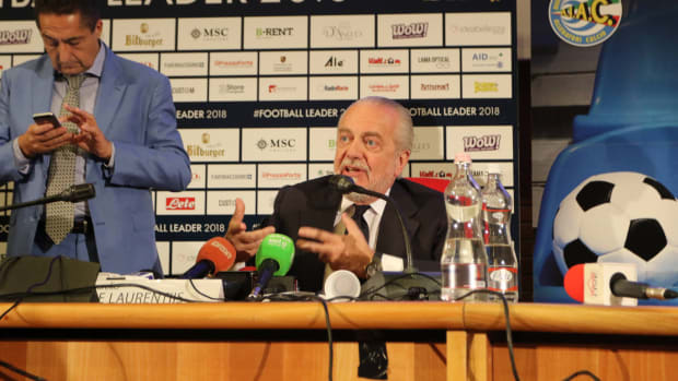 Napoli president Aurelio De Laurentiis speaks at a press conference.