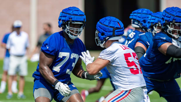 Jul 27, 2022; East Rutherford, NJ, USA; New York Giants offensive lineman Matt Gono (73) in action during training camp at Quest Diagnostics Training Facility.