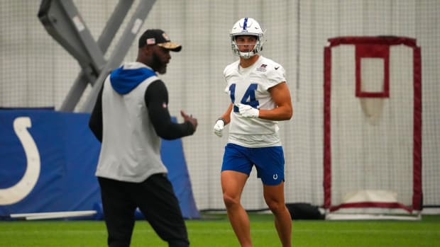 Indianapolis Colts wide receiver Alec Pierce (14) runs across the field during training camp Wednesday, July 27, 2022, at Grand Park Sports Campus in Westfield, Ind. Indianapolis Colts Training Camp Nfl Wednesday July 27 2022 At Grand Park Sports Campus In Westfield Ind