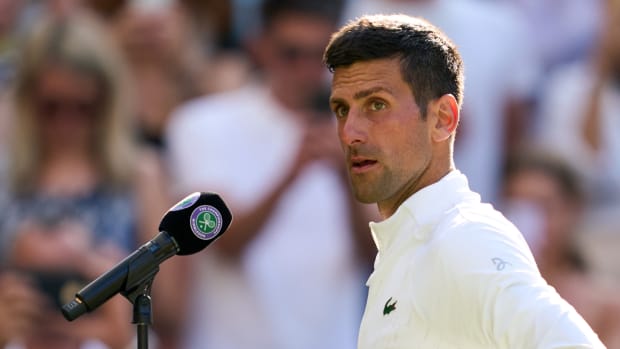 Novak Djokovic (SRB) is interviewed after winning his semifinals men’s singles match against Cameron Norrie (GBR) at 2022 Wimbledon.