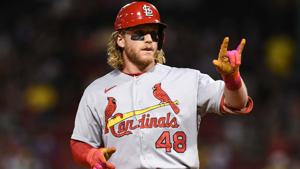 Cardinals center fielder Harrison Bader reacts after a hit against the Red Sox.
