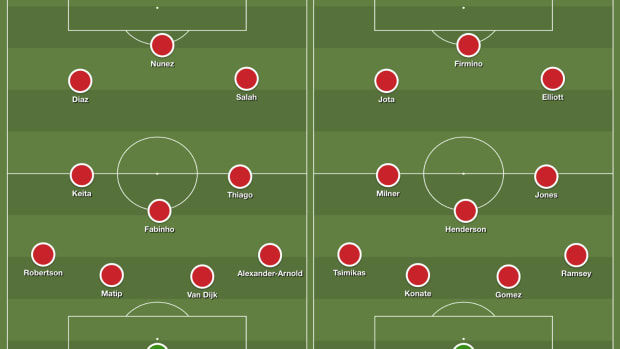 Two possible XIs made up of players in Jurgen Klopp's Liverpool squad at the start of the 2022/23 season