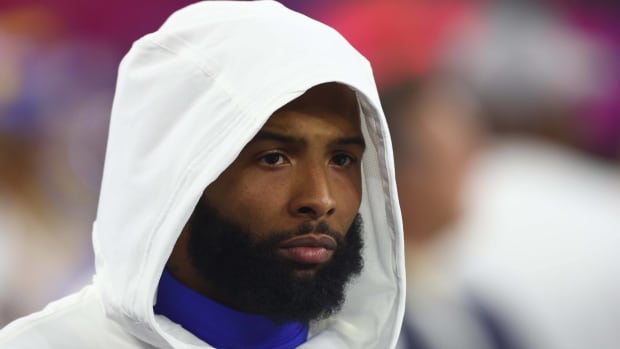 Odell Beckham Jr. with a hood over his head during the Super Bowl.