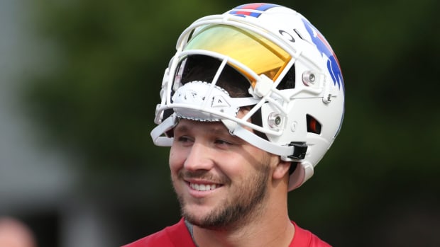 Quarterback Josh Allen is all smiles as he takes the field on the fourth day of the Buffalo Bills training camp.