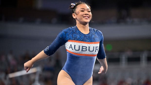 Auburn University gymnast Sunisa Lee performs floor exercise during the finals of the 2022 NCAA women’s gymnastics championship.