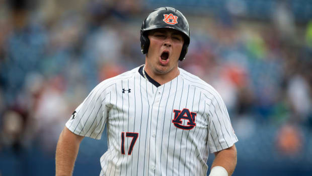 Auburn Tiger s Sonny Dichiara (17) celebrates his home run the first base line during the SEC baseball tournament at Hoover Metropolitan Stadium in Hoover, Ala., on Wednesday, May 25, 2022.