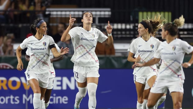 North Carolina Courage forward Diana Ordonez (12) celebrates after scoring a goal against the Portland Thorns FC during the second half at Providence Park.