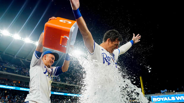 Aug 6, 2022; Kansas City, Missouri, USA; Kansas City Royals first baseman Nick Pratto (right) is doused by second baseman Nicky Lopez (left) after hitting a walk-off home run during the ninth inning against the Boston Red Sox at Kauffman Stadium. Mandatory Credit: Jay Biggerstaff-USA TODAY Sports