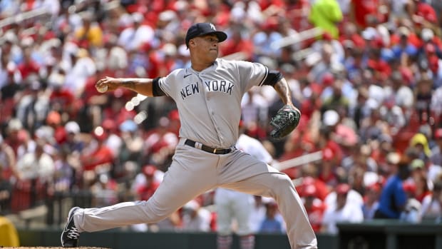 New York Yankees SP Frankie Montas pitching against St. Louis Cardinals