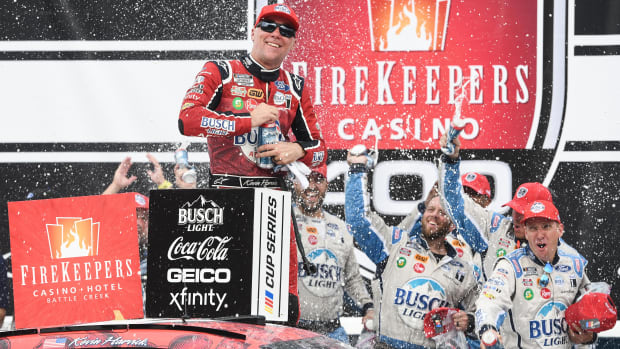 Kevin Harvick celebrates after ending his 65-race winless streak Sunday at Michigan International Speedway. Photo: USA Today Sports / Tim Fuller.