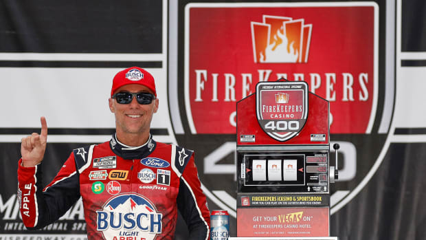 Kevin Harvick celebrates in victory lane after winning the NASCAR Cup Series FireKeepers Casino 400 at Michigan International Speedway on Sunday. (Photo by Sean Gardner/Getty Images)