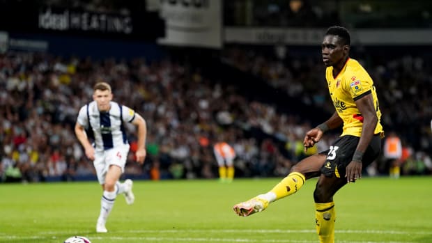 Ismaila Sarr pictured failing to convert a penalty for Watford against West Brom after scoring from 60 yards earlier in the same game in August 2022