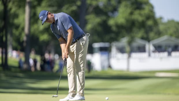 Jul 3, 2022; Silvis, Illinois, USA; Christiaan Bezuidenhout putts on the 18th green during the final round of the John Deere Classic golf tournament. Mandatory Credit: Marc Lebryk-USA TODAY Sports