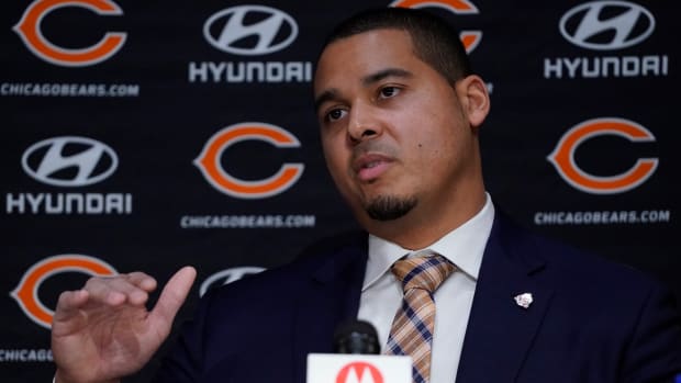Chicago Bears General new Manager Ryan Poles speaks to reporters during his introductory press conference.