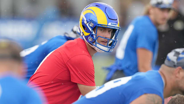 Jul 31, 2022; Irvine, CA, USA; Los Angeles Rams quarterback Matthew Stafford (9) prepares to take the snap during training camp at UC Irvine.