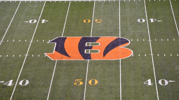 General view of Cincinnati Bengals logo at midfield of an NFL football game at Paul Brown Stadium.