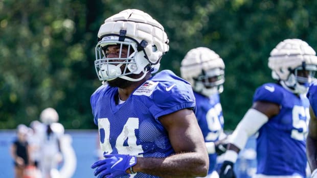 The Indianapolis Colts Tyquan Lewis (94) runs drills during Colts Camp on Monday, August 8, 2022, at Grand Park in Westfield Ind.